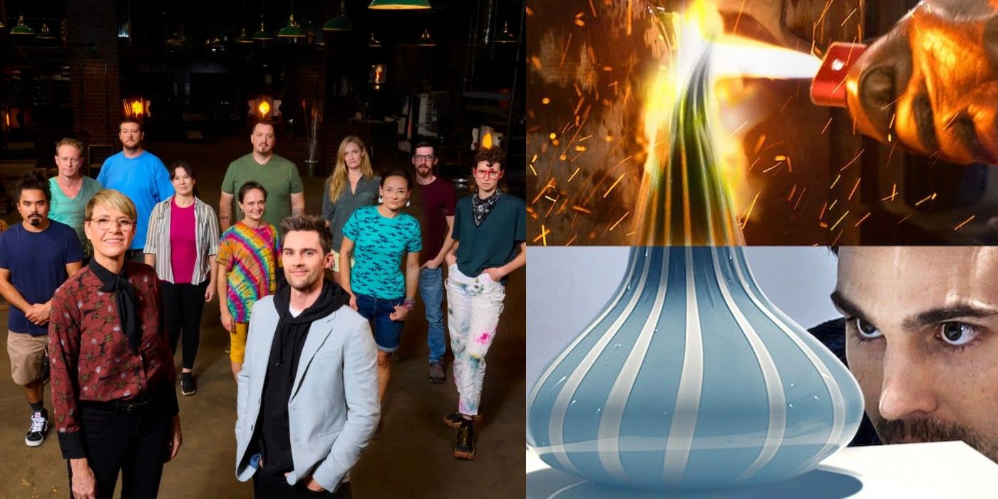 The cast of season 3 of Blown Away beside a work of glass art