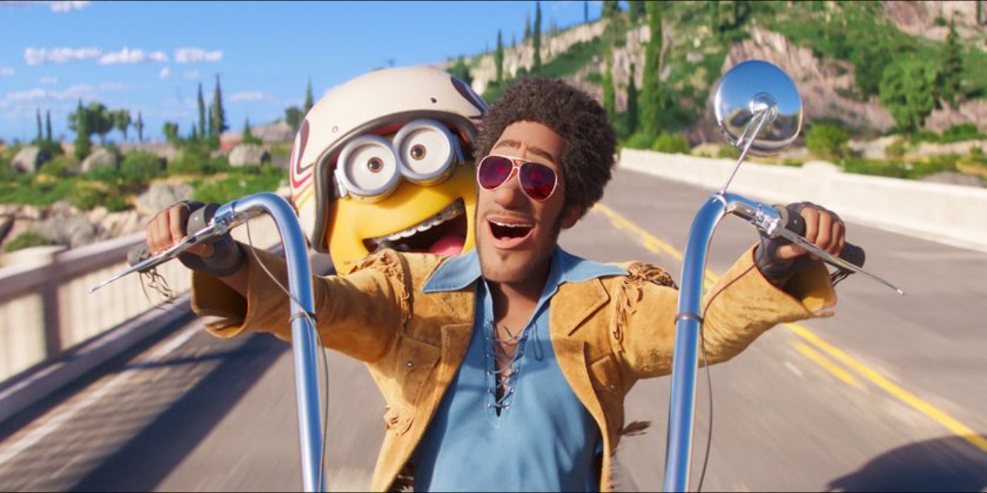 Bob and a biker laughing while riding a bike in Minions: The Rise of Gru.