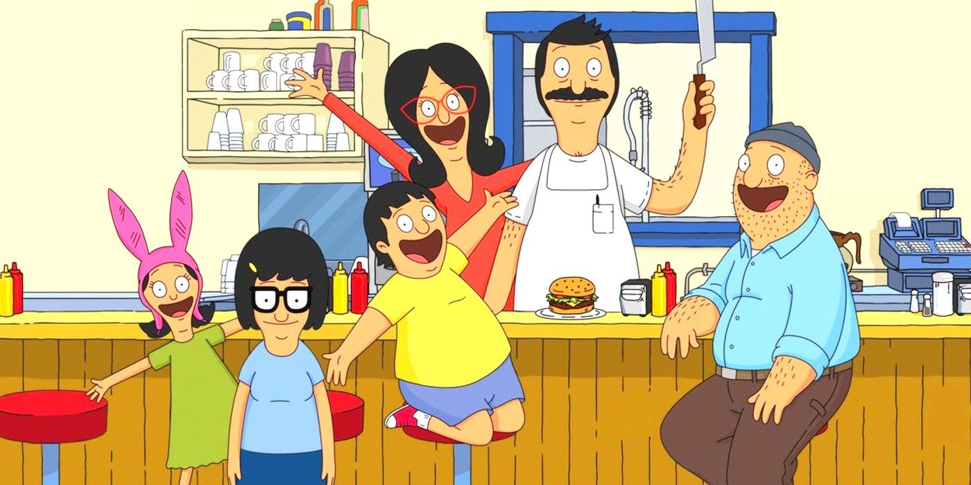 Bob&#8217;s Burgers main cast and Teddie smiling in restaurant