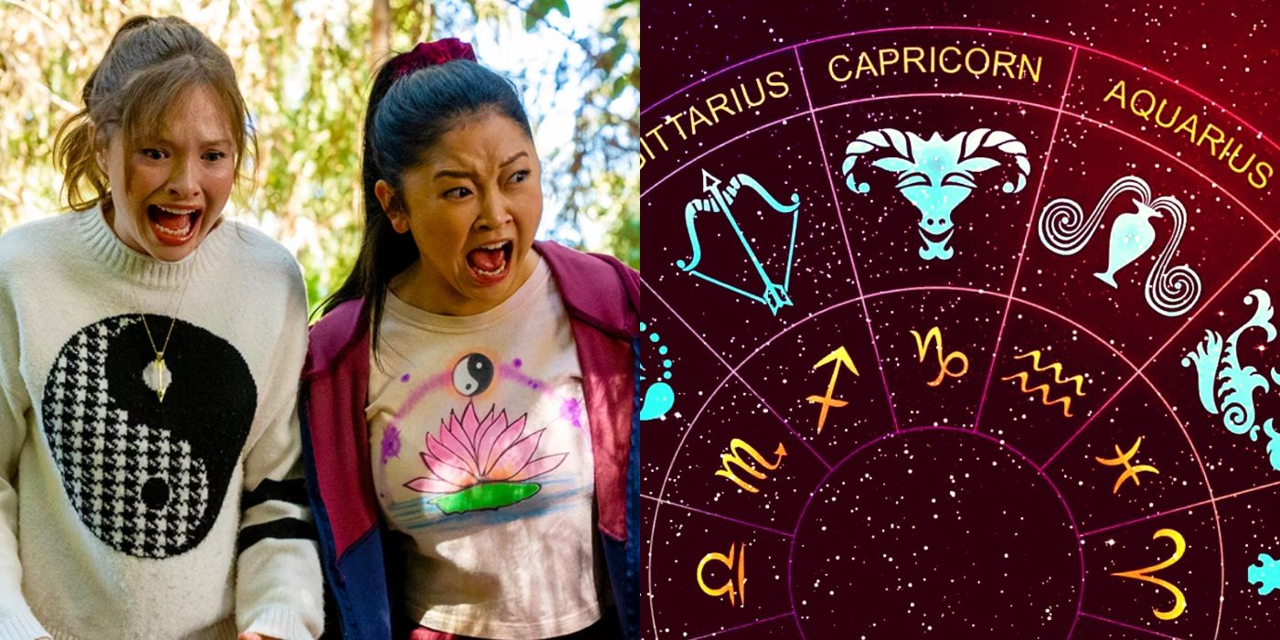 A split image features Gia and Erika in Boo, Bitch alongside part of a zodiac wheel