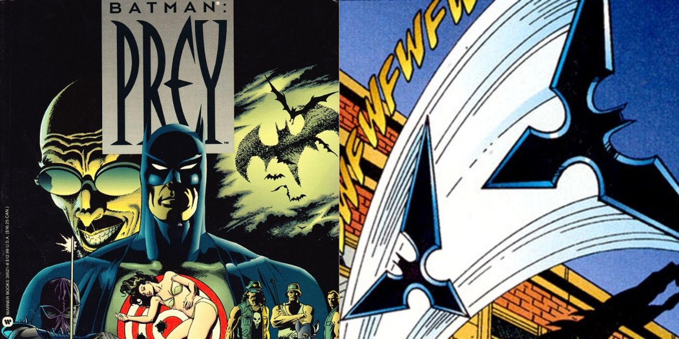 Split image showing the cover to Batman prey and the Batarang.