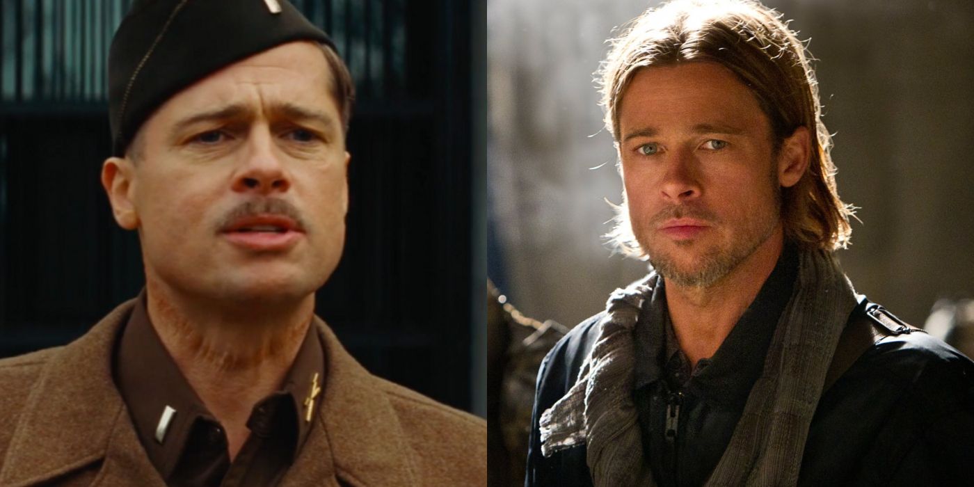 Split image of Brad Pitt in Inglourious Basterds and World War Z