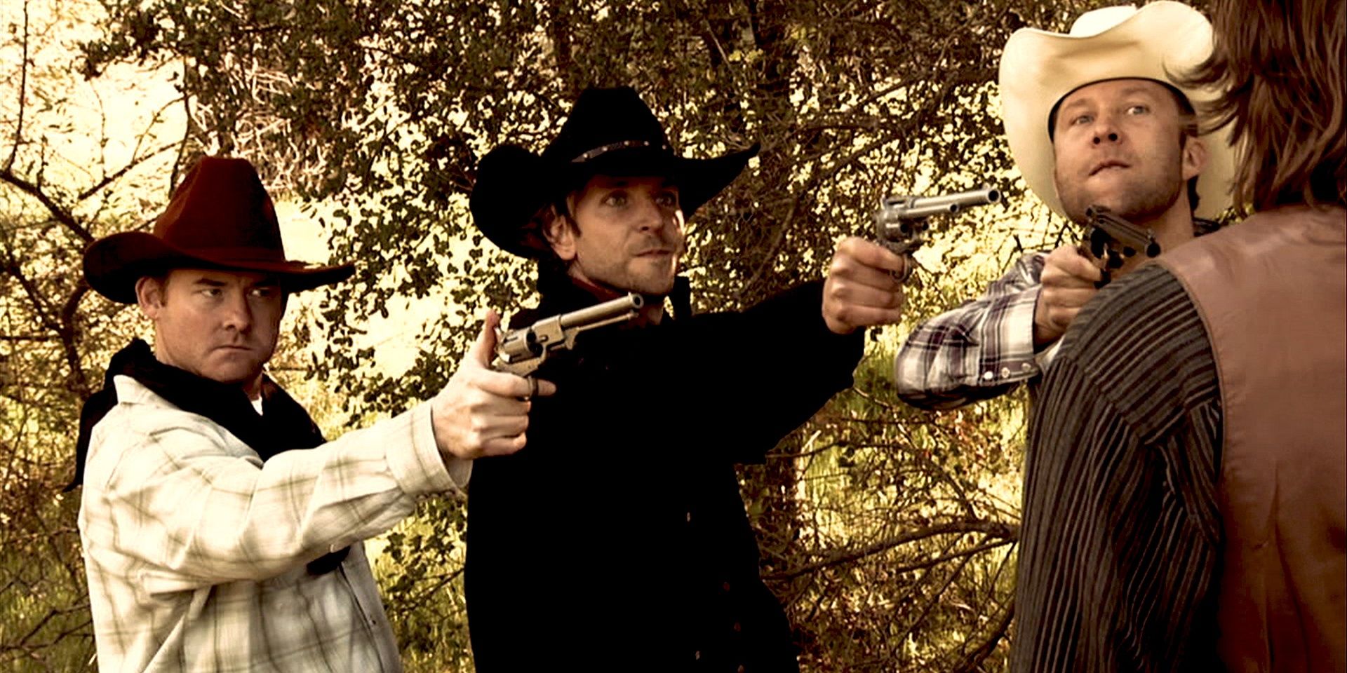 Bradley Cooper and his friends pointing guns at Dax Shepherd in Brother&rsquo;s Justice