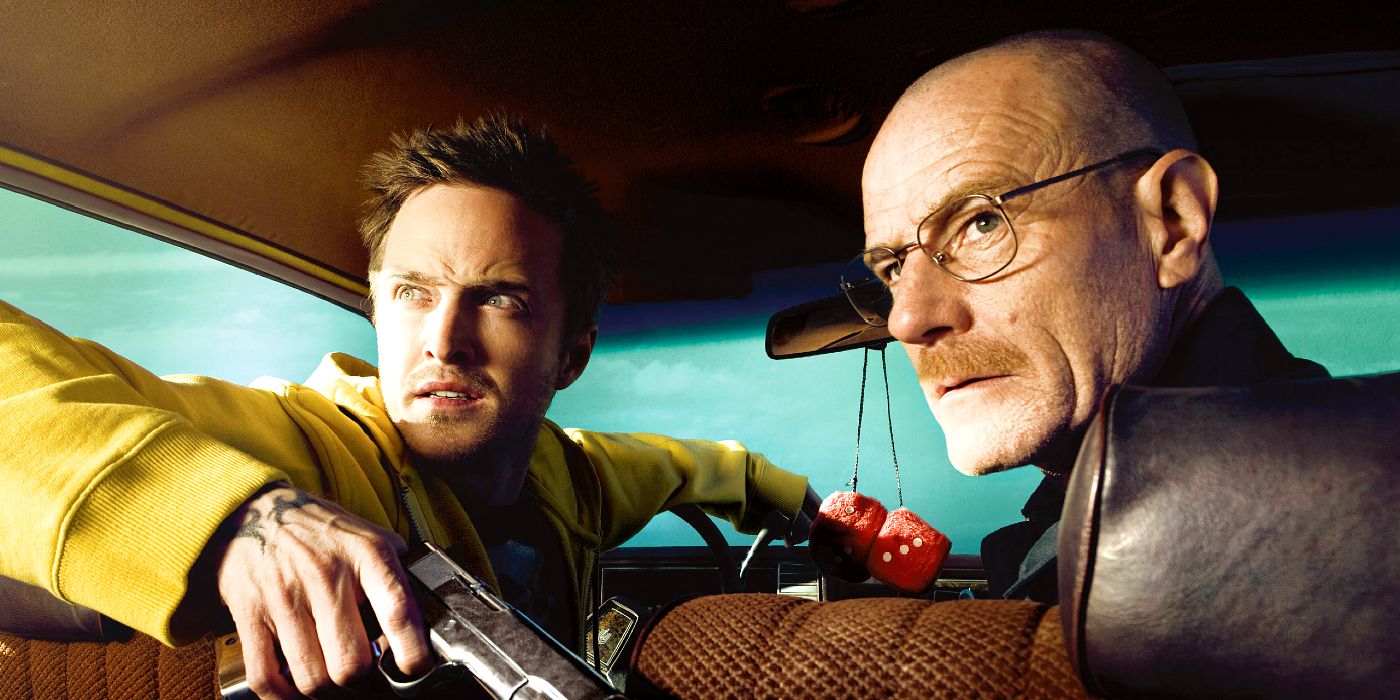 Walt and Jesse in a car turning around in Breaking Bad.