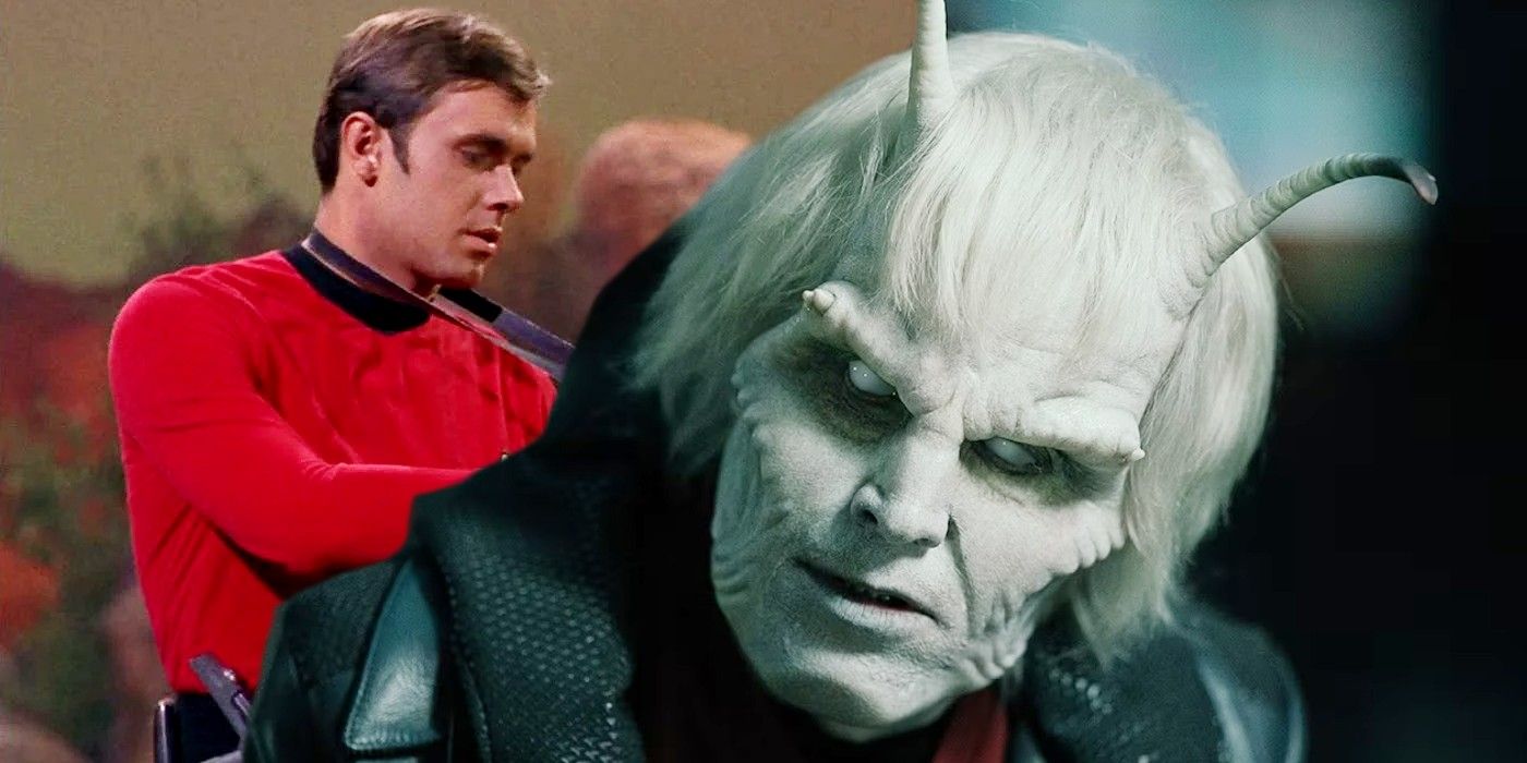 Bruce Horak as Hemmer in Star Trek Strange New Worlds and red shirt