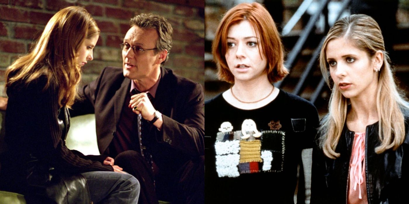 Split image of Buffy The Vampire Slayer characters Buffy, Giles, and Willow