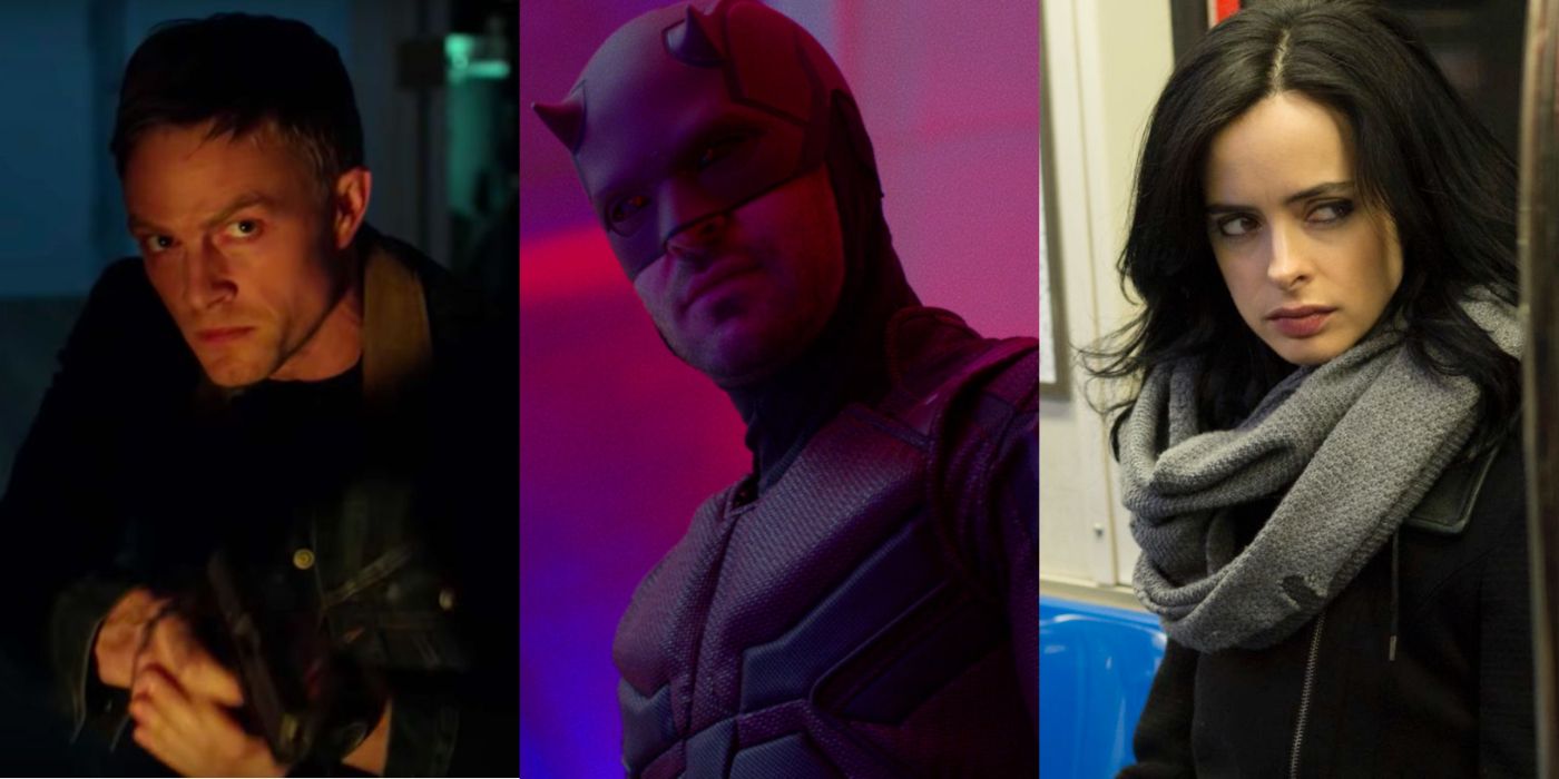 Split image of Bullseye, Daredevil, and Jessica Jones in the MCU.
