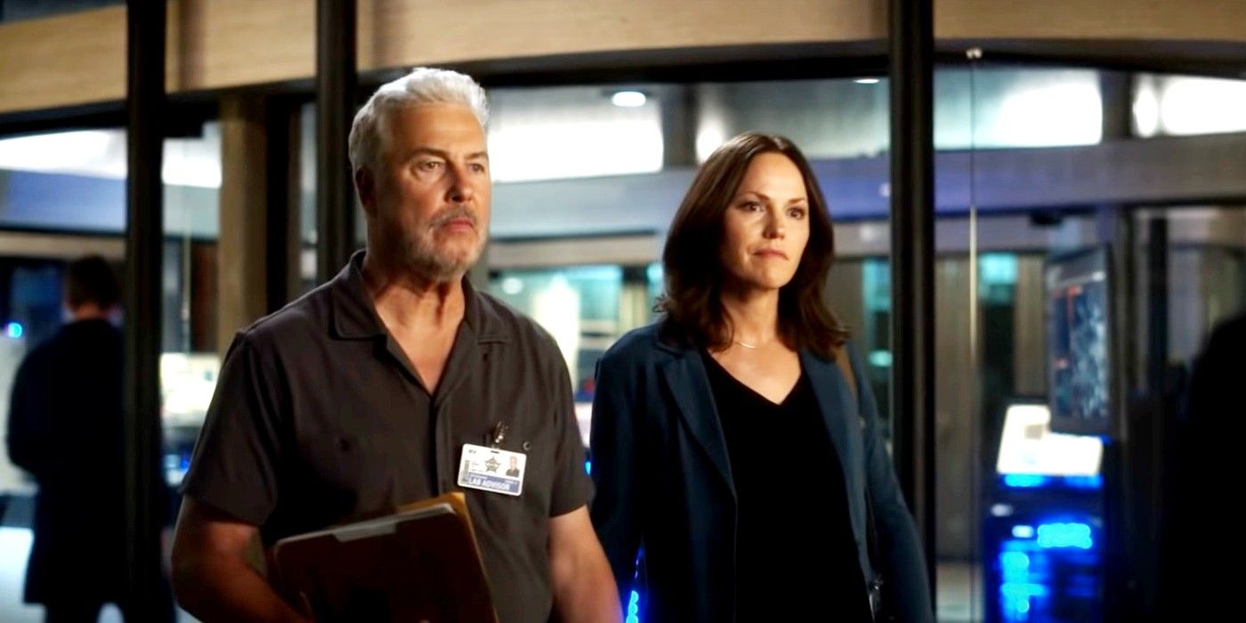 Gil and Sara standing together in a scene from CSI: Vegas