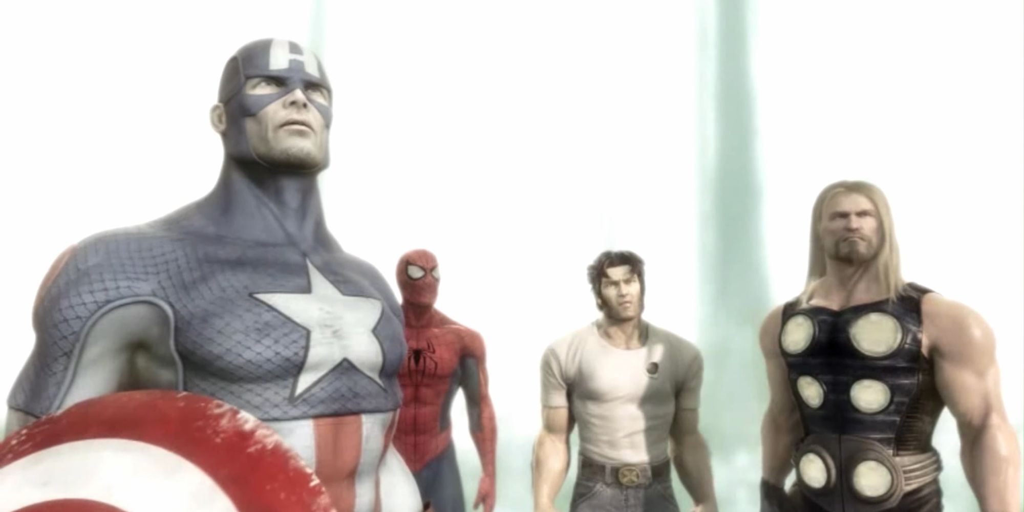 Captain America Spider Man Wolverine and Thor in the Watchers realm in Ultimate Alliance