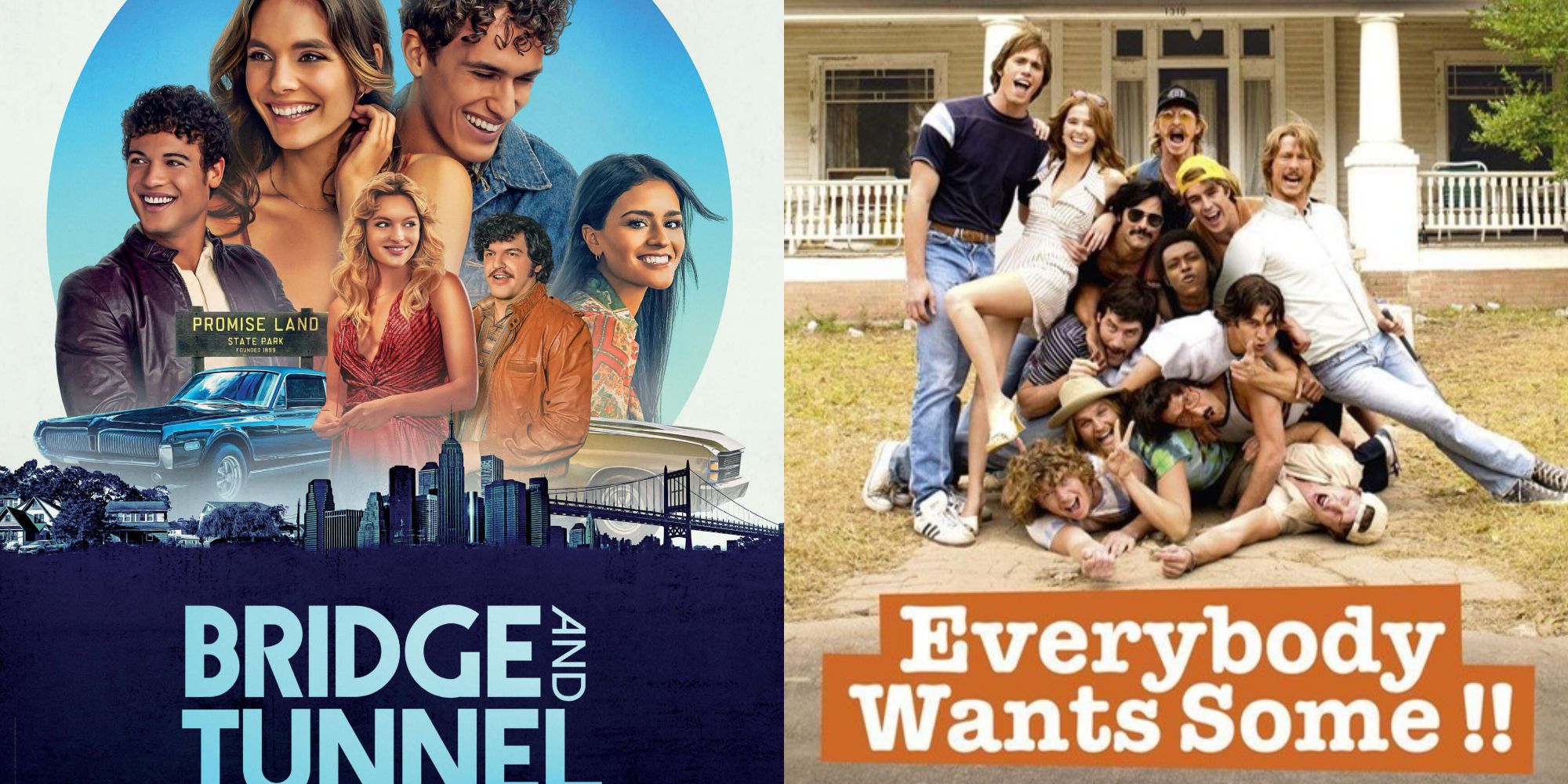 Split image showing posters for the films Bridge and Tunnel and Everybody Wants Some!