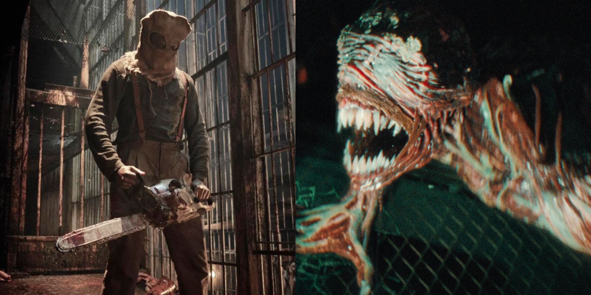 Split image showing the Chainsaw Man and a Licker in Resident Evil.