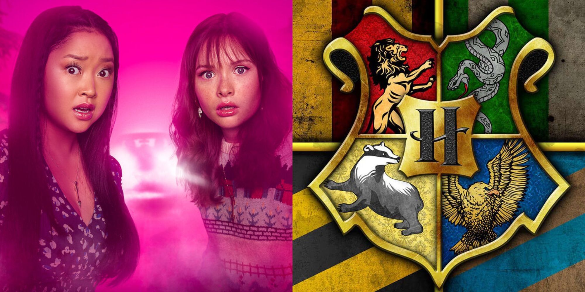 Split image showing the main characters from Boo, Bitch and the Hogwarts crest.