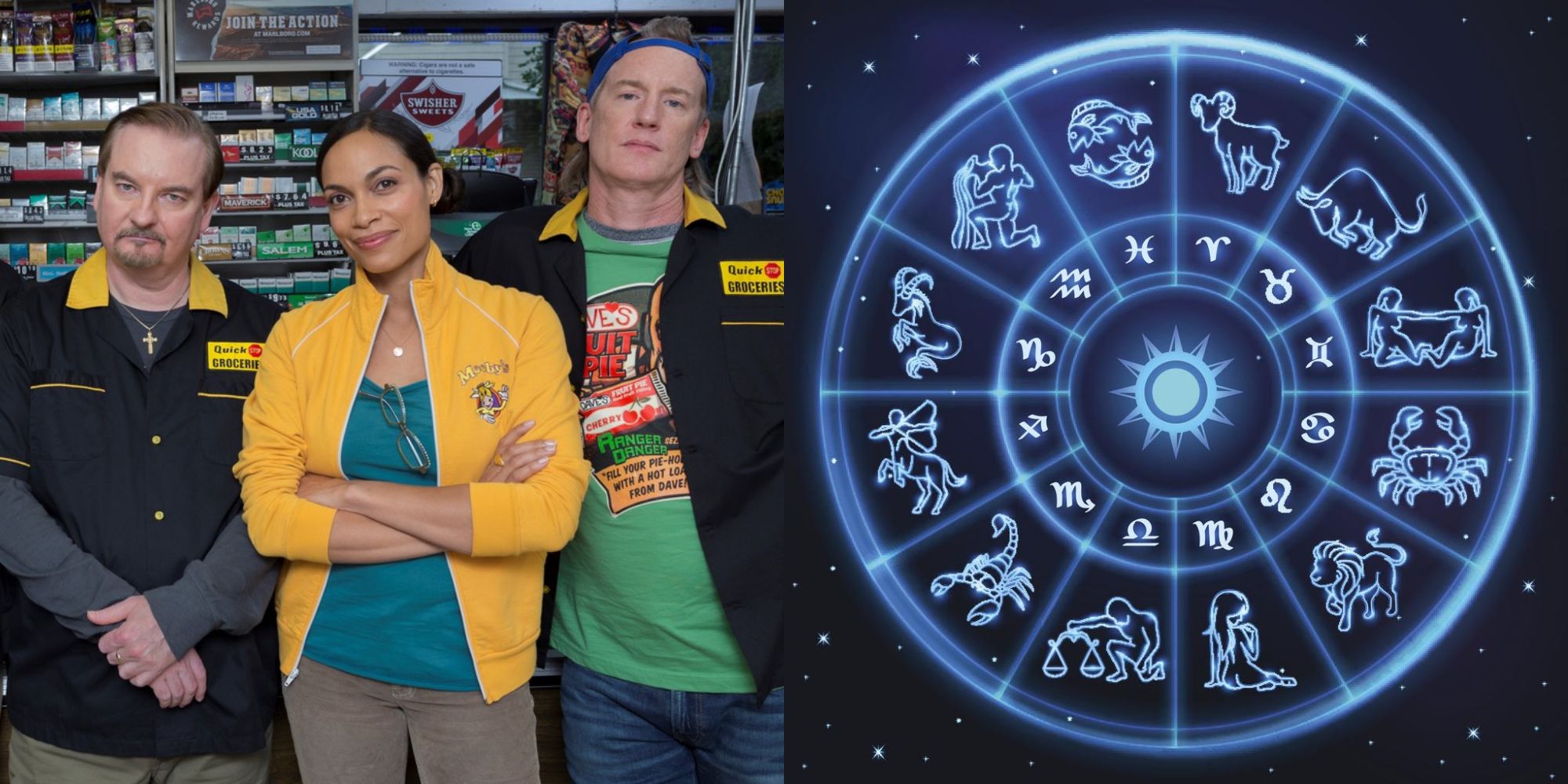 Split image showing the main characters from Clerks 3 and a zodiac wheel.