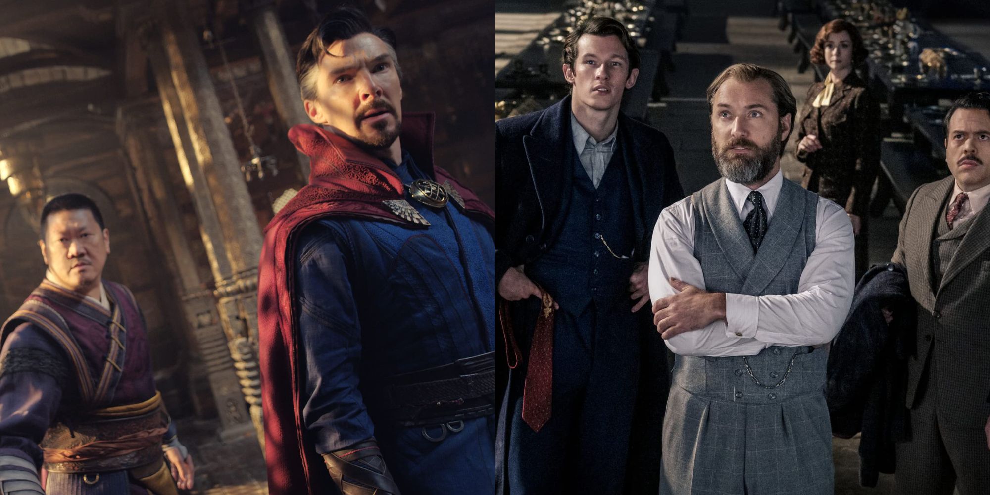 Split image showing characters from Fantastic Beasts The Secrets of Dumbledore and Doctor Strange in the Multiverse of Madness.