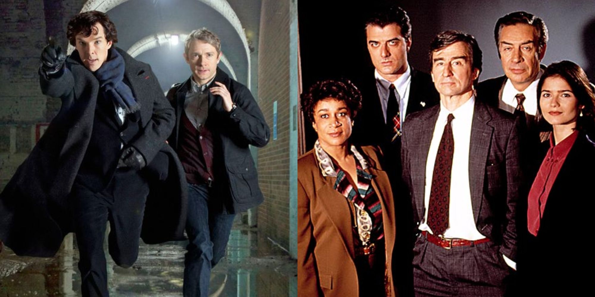 Split image showing characters from Sherlock and Law & Order.