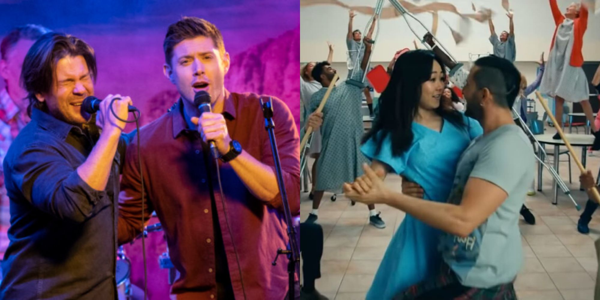 Split image showing characters from Supernatural and The Boys singing.