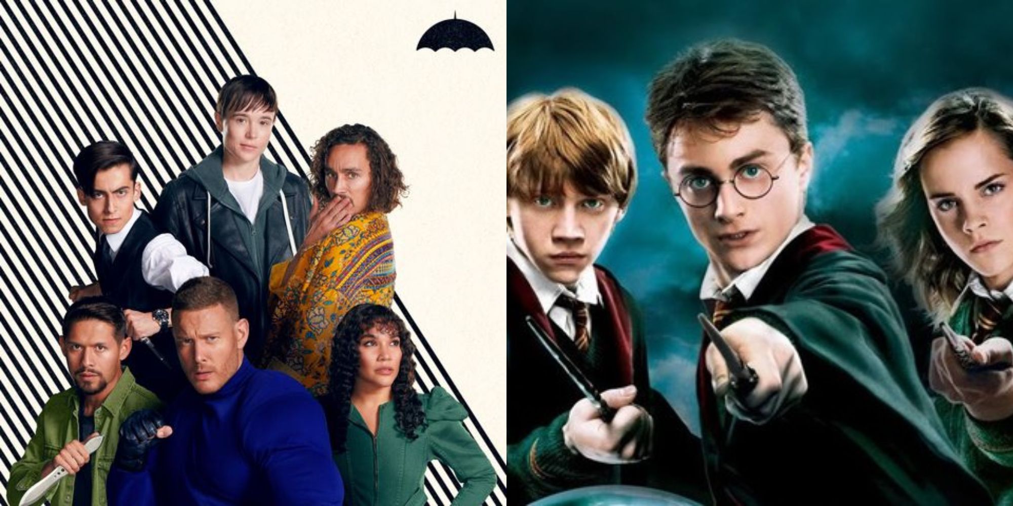 Split image showing the main characters from The Umbrella Academy and Harry Potter.