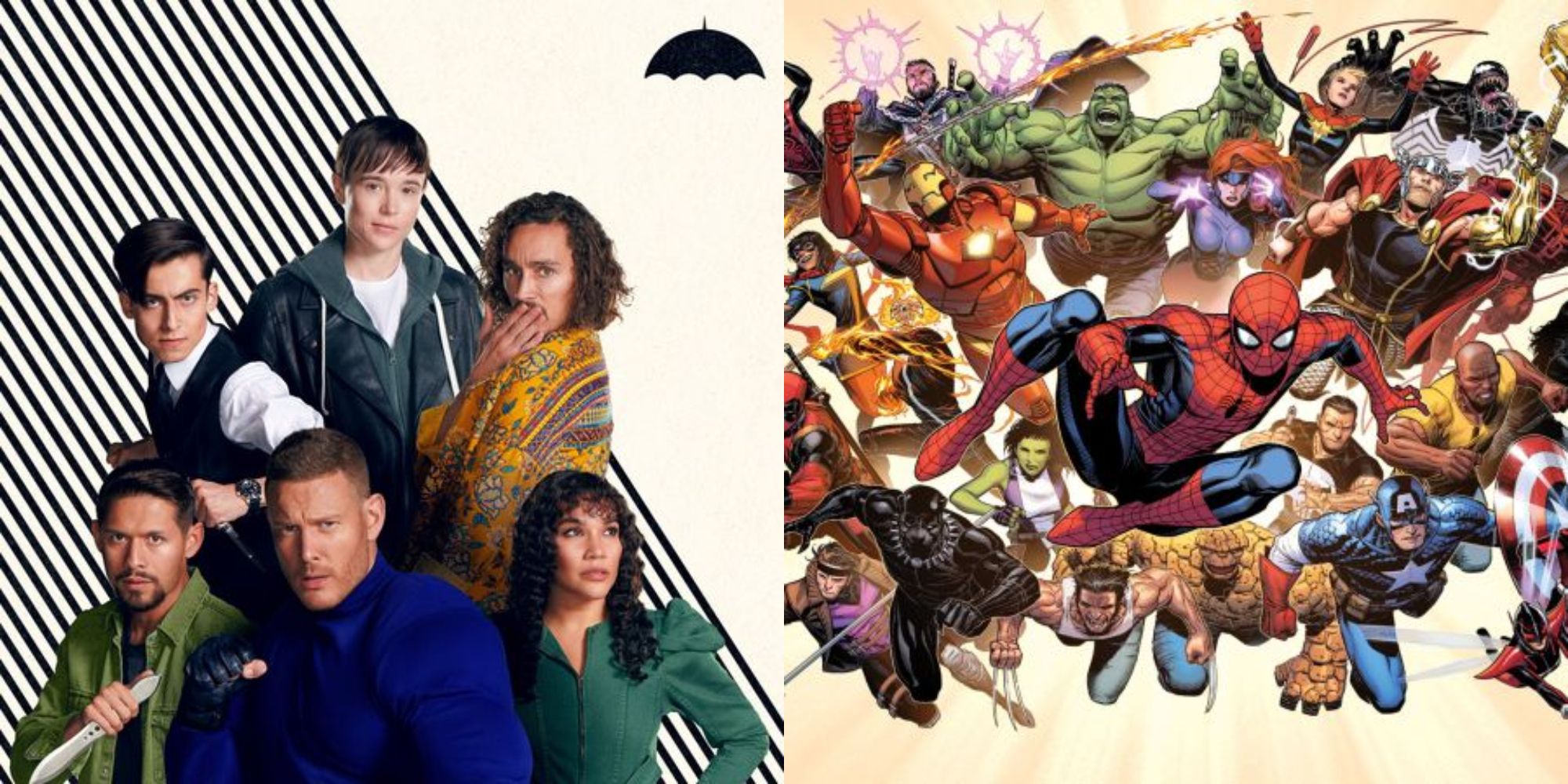 Split image showing characters from The Umbrella Academy and Marvel Comics.