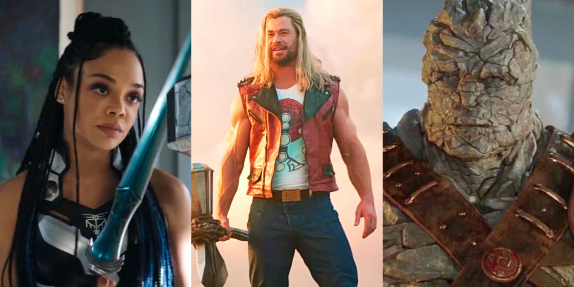 Three images showing characters from Thor Love and Thunder
