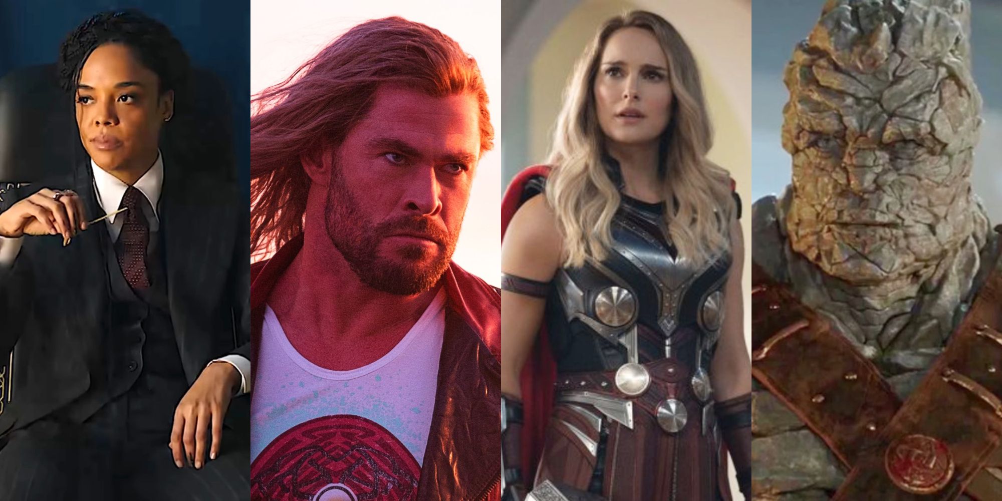 Four images showing characters from Thor Love and Thunder