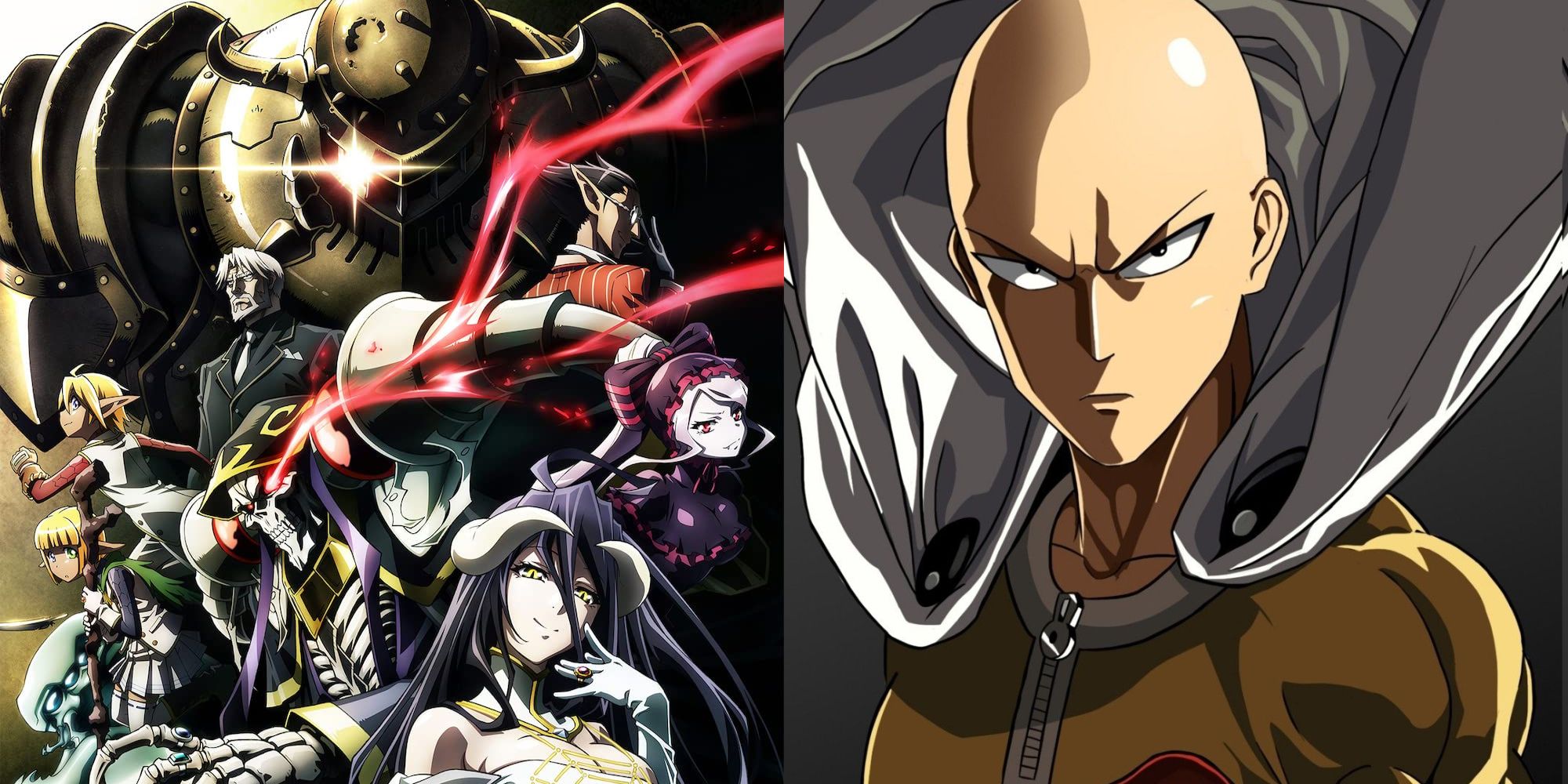 Split image showing characters from the anime Overlord and One-Punch Man.