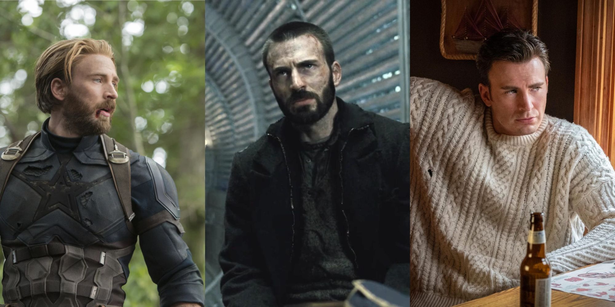 Split image of Chris Evans in Infinity War, Snowpiercer and Knives Out