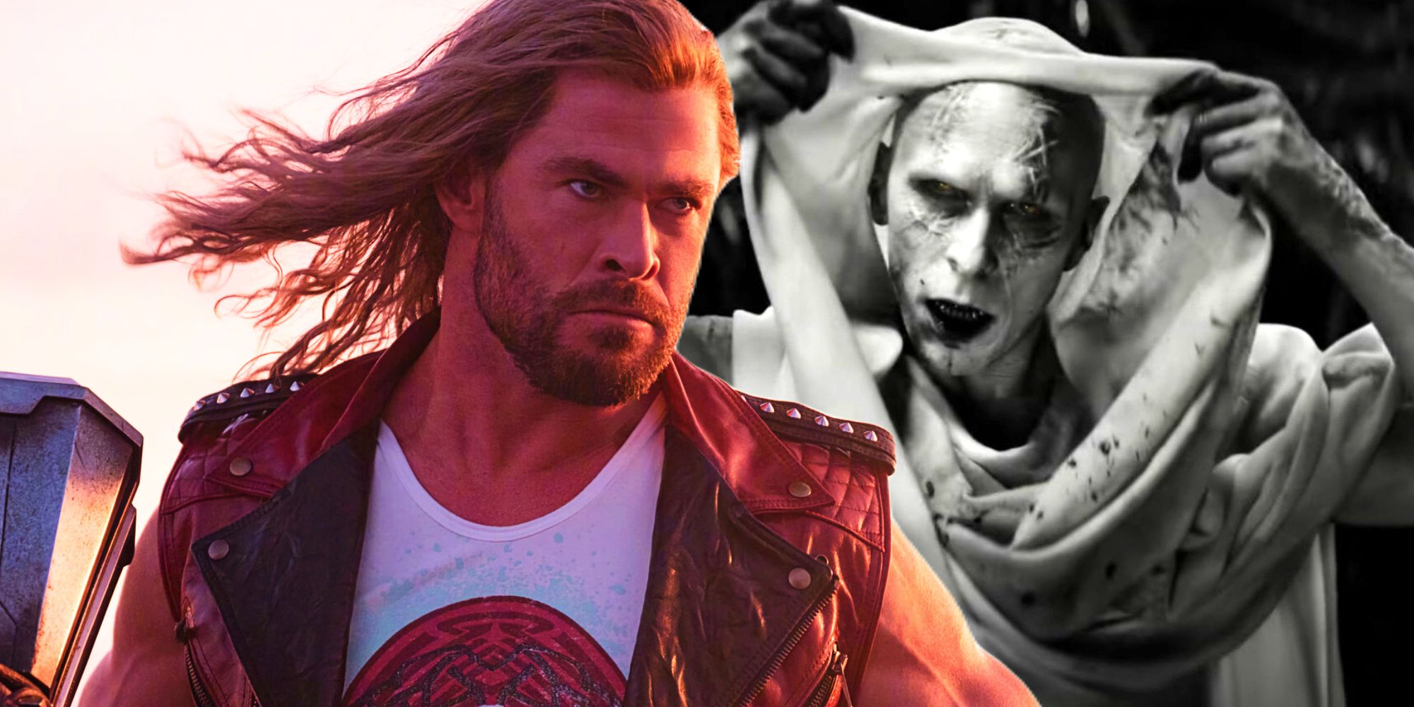 Chris Hemsworth as Thor and Christian Bale as Goor in Thor Love and Thunder