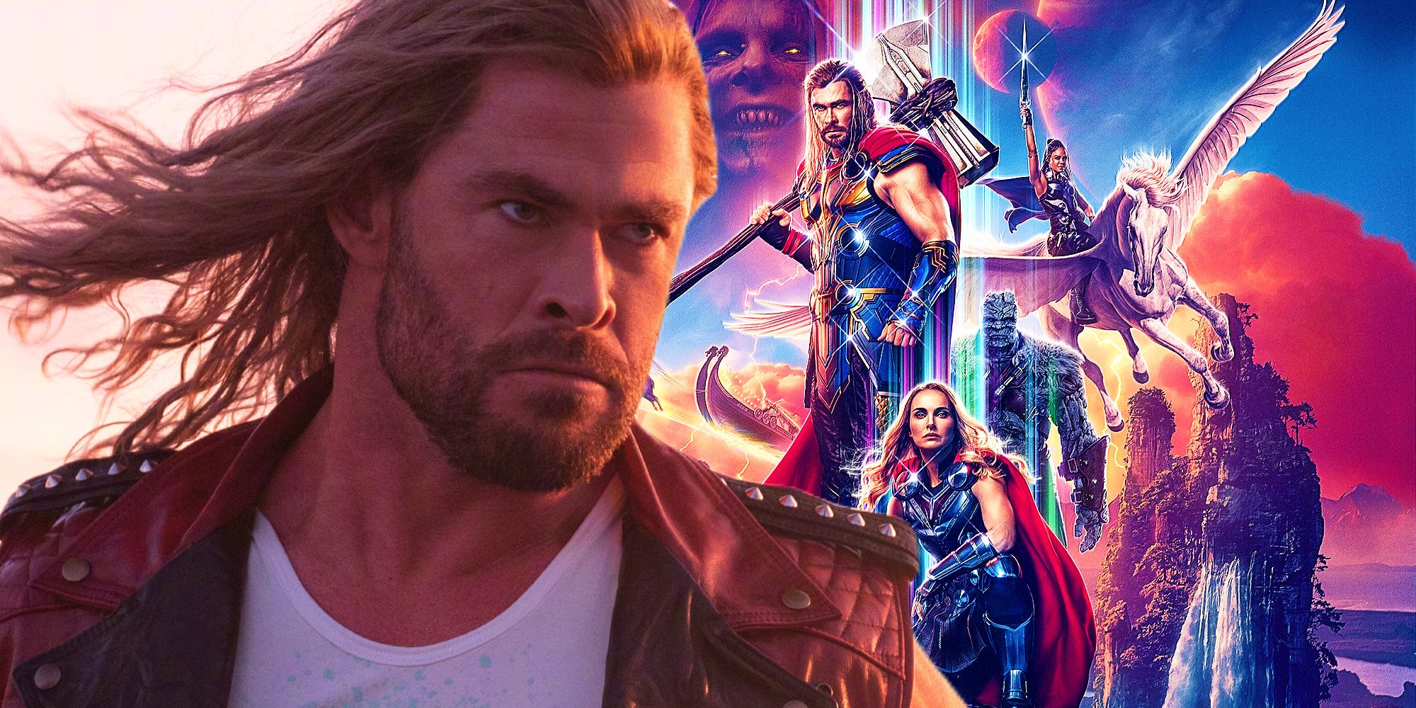 Chris Hemsworth as Thor and the Thor Love and Thunder poster