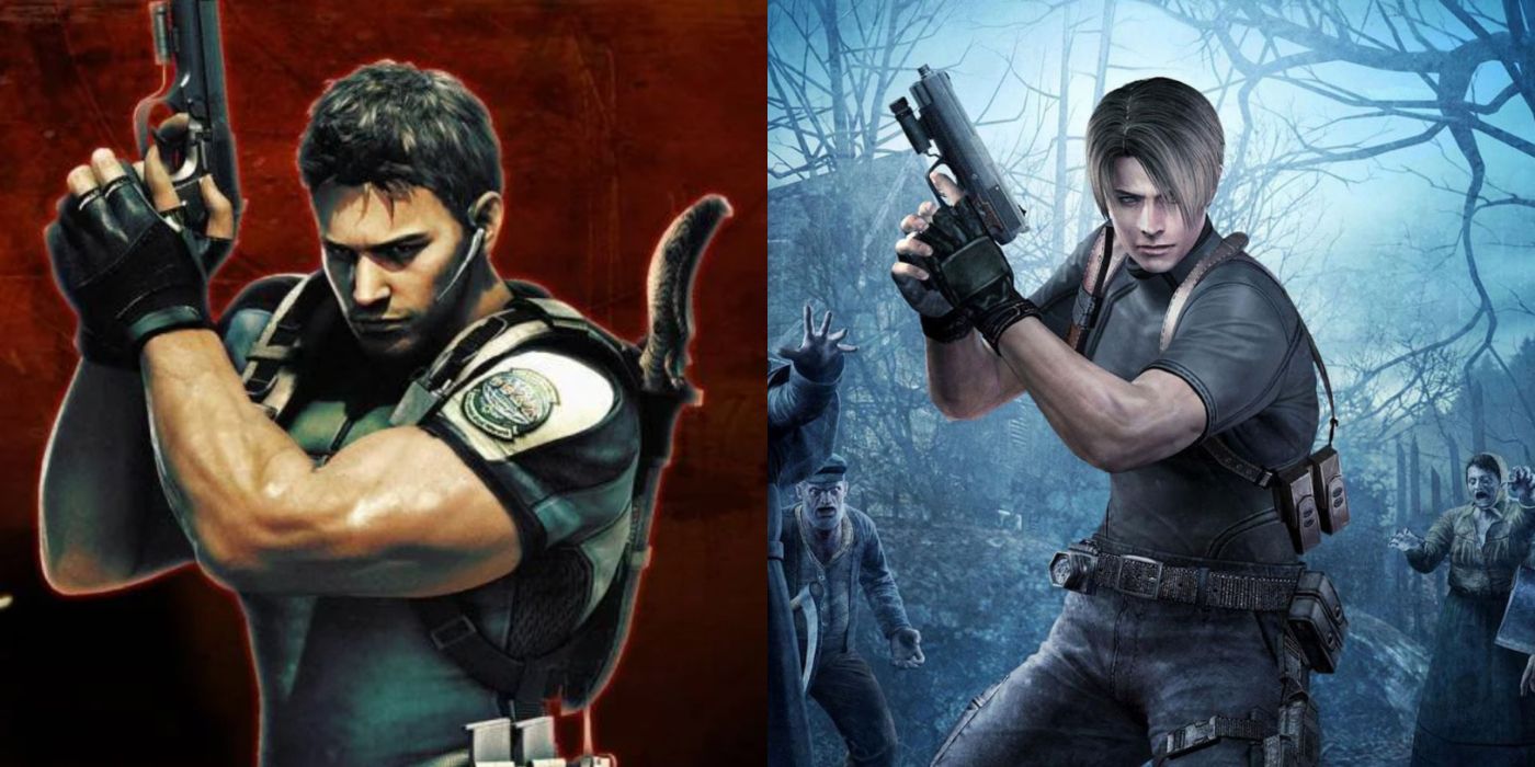 Split image of Chris Redfield and Leon holding their guns.