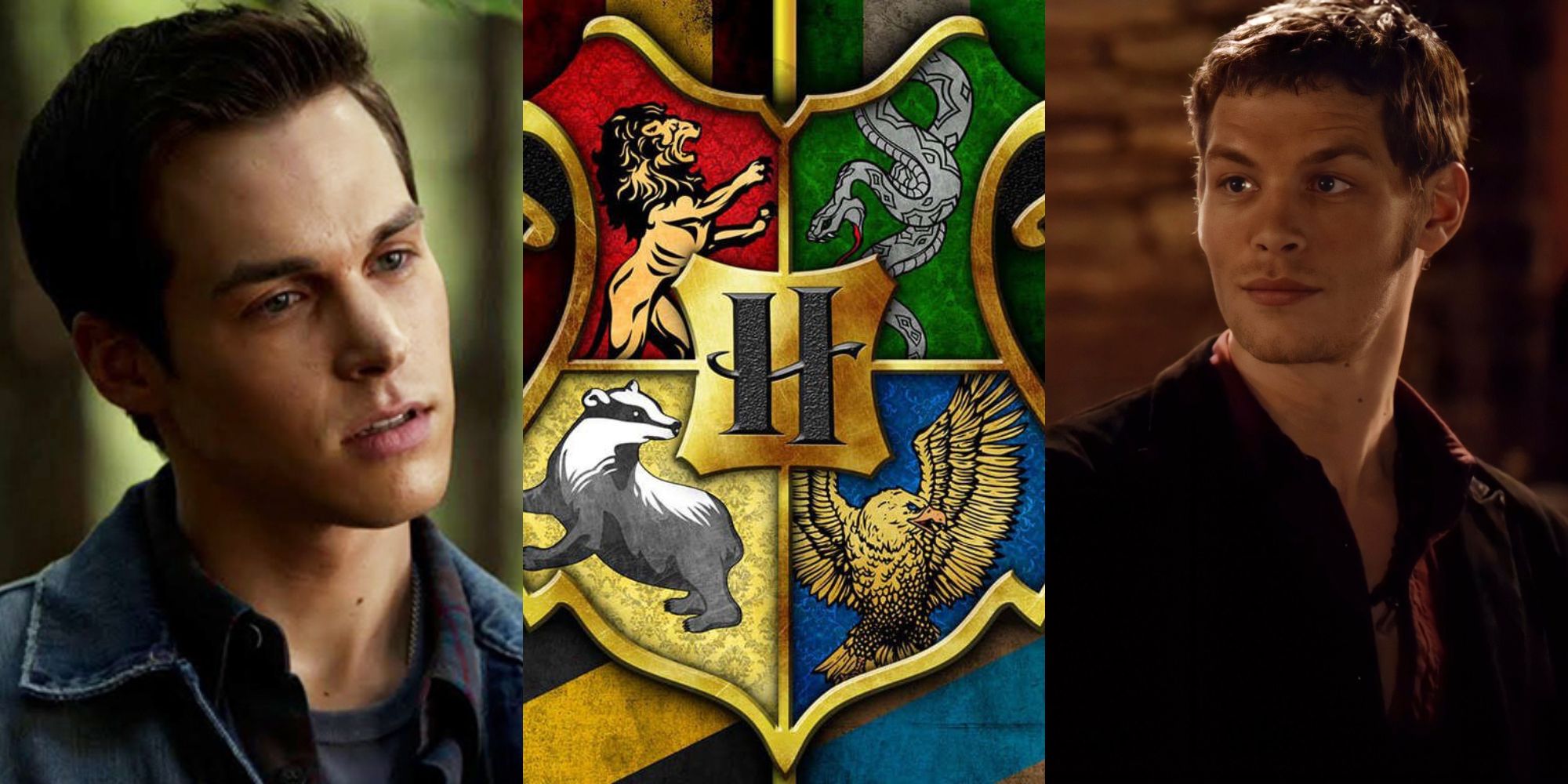 Split image showing Kai and Klaus in The Vampire Diaries and the Hogwarts crest.
