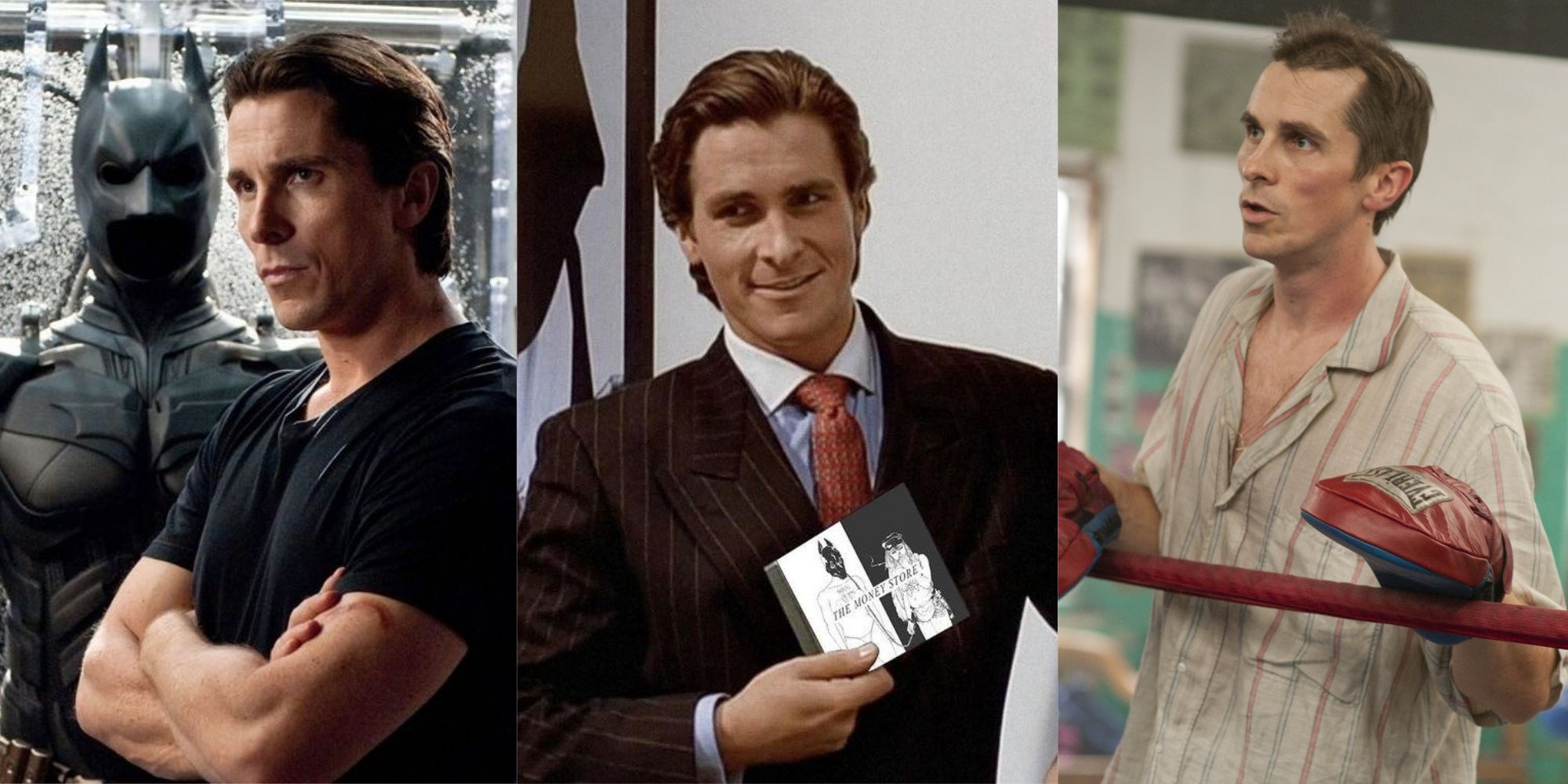 Split image of Christian Bale in The Dark Knight, American Psycho and The Fighter