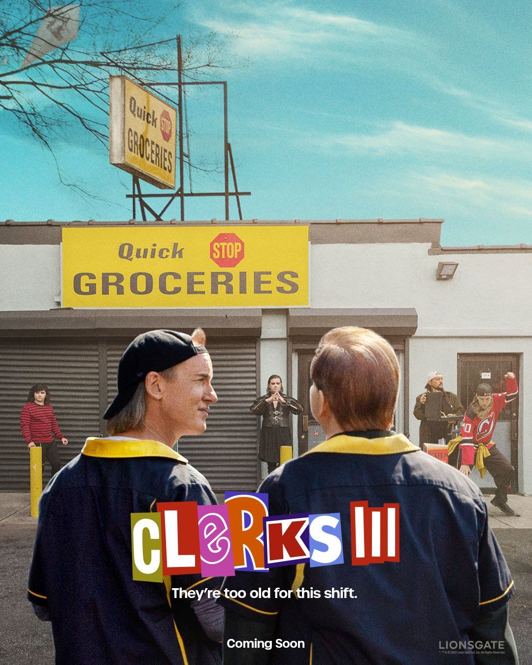Clerks 3 Official Poster Dante and Randal in front of the Quick Stop Jay and Silent Bob visible