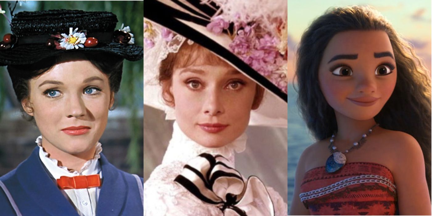 Split image of Mary Poppins, Eliza Doolittle and Moana