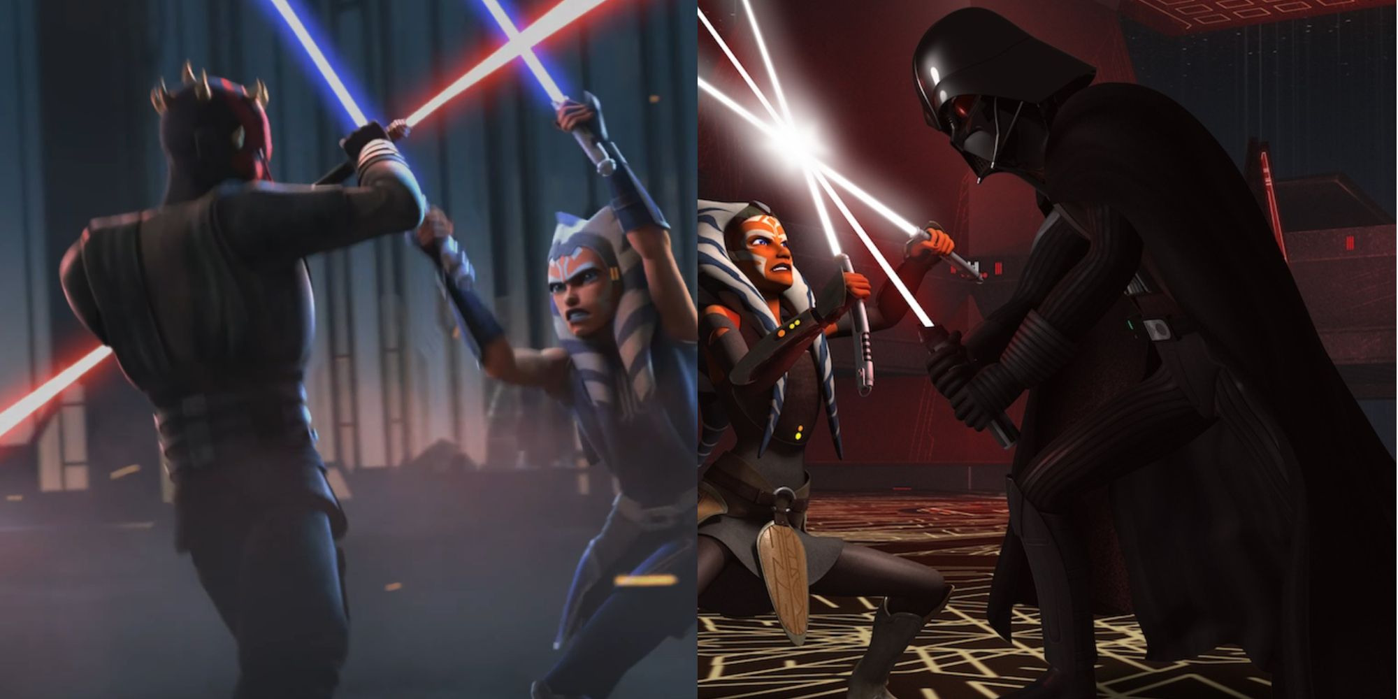 Split image of Ahsoka fighting Vader and Maul