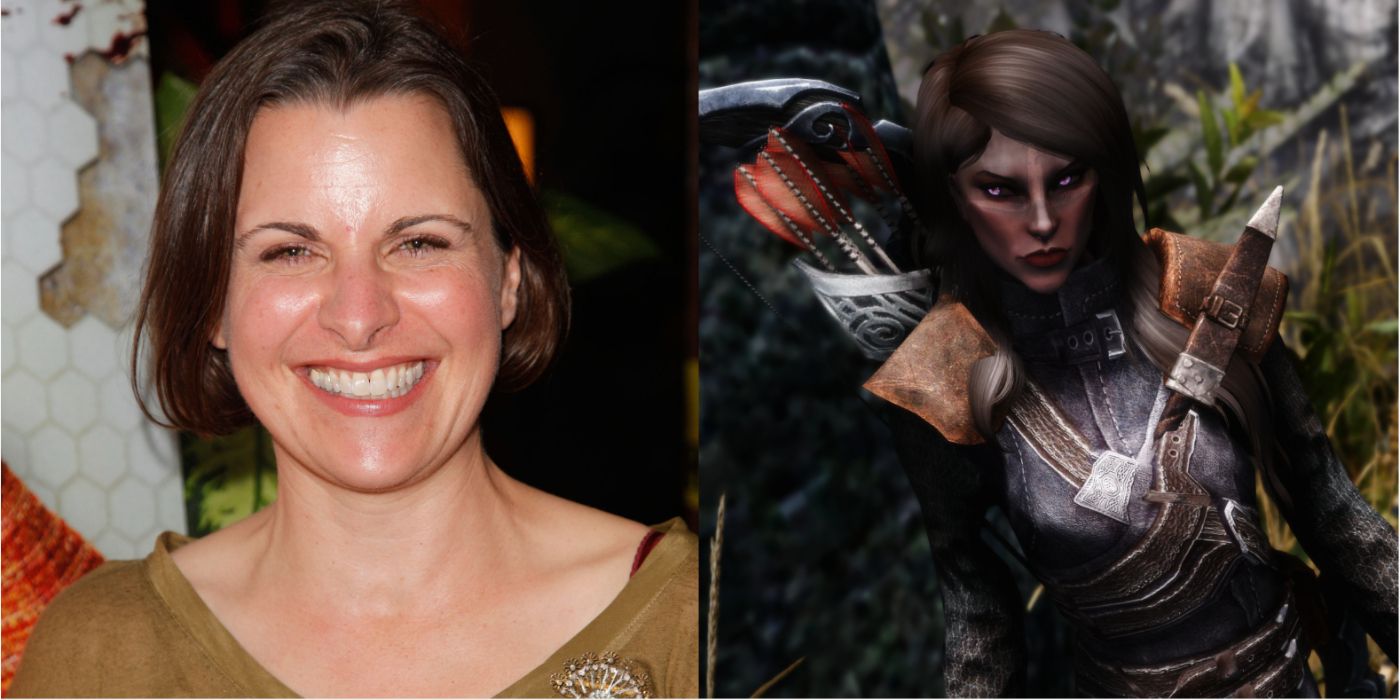 Split image of Moira Quirk and Karliah from Skyrim