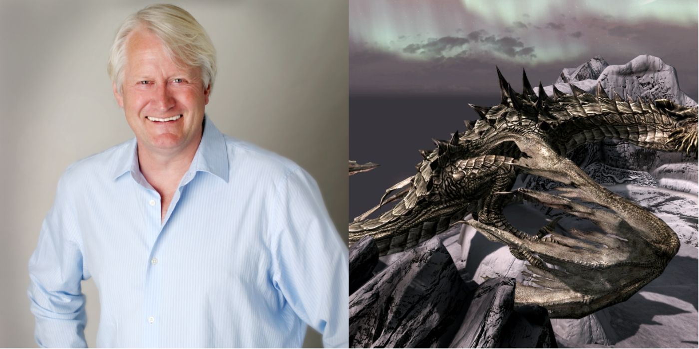 Split image of Charles Martinet and Paarthurnax from Skyrim