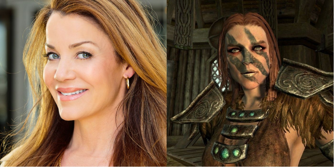 Split image of Claudia Christian and Aela from Skyrim