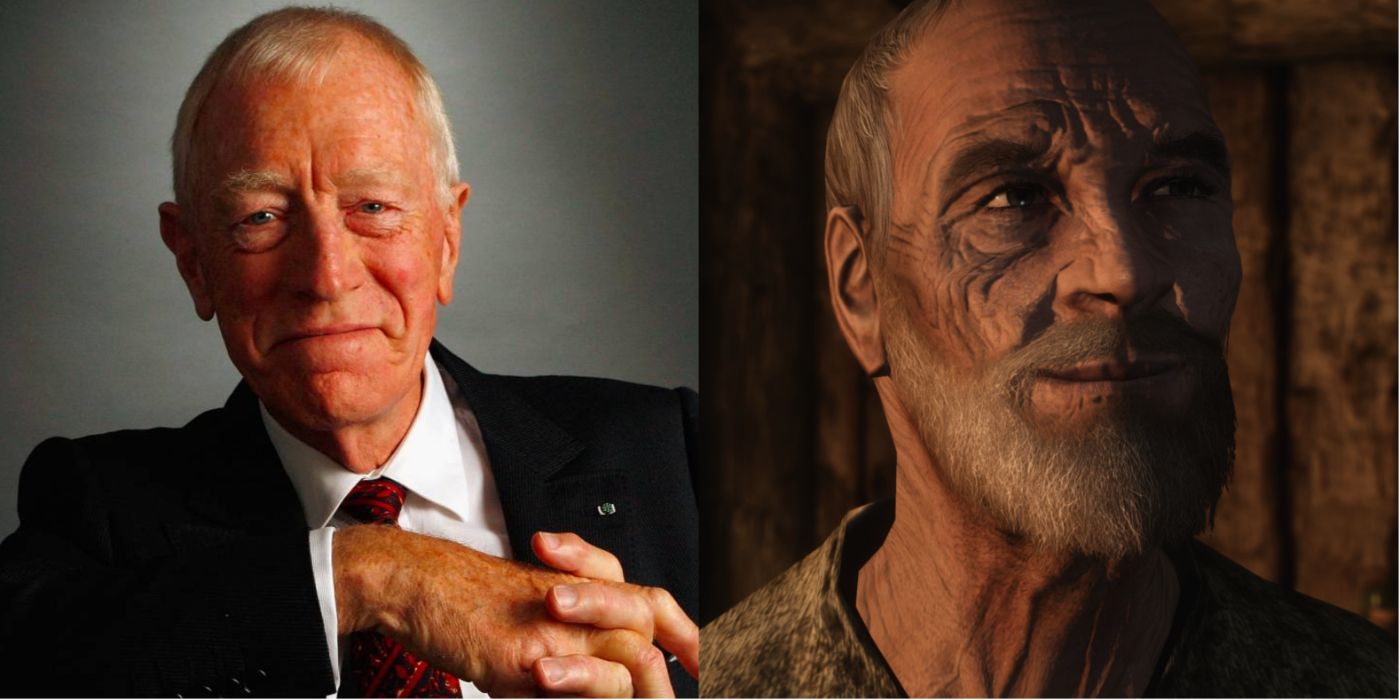 Split image of Max von Sydow and Esbern from Skyrim