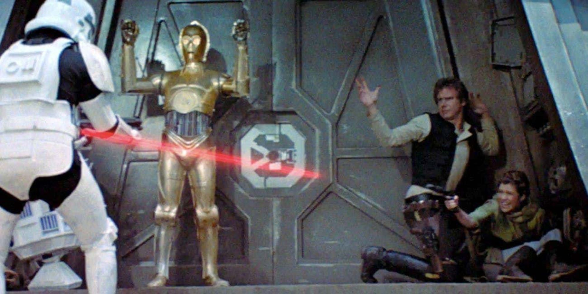Stormtroopers fighting Han Solo and Leia