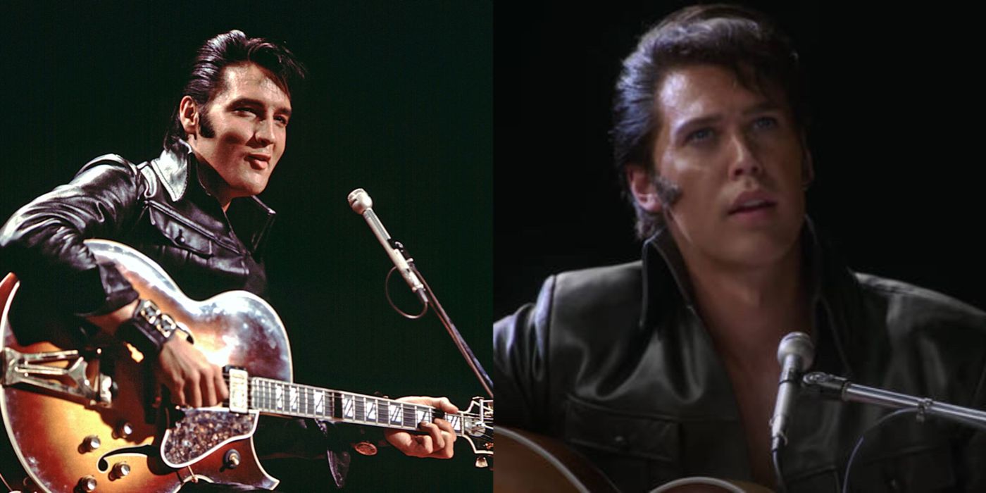 A split image of the Real Elvis and Austin Butler as Elvis