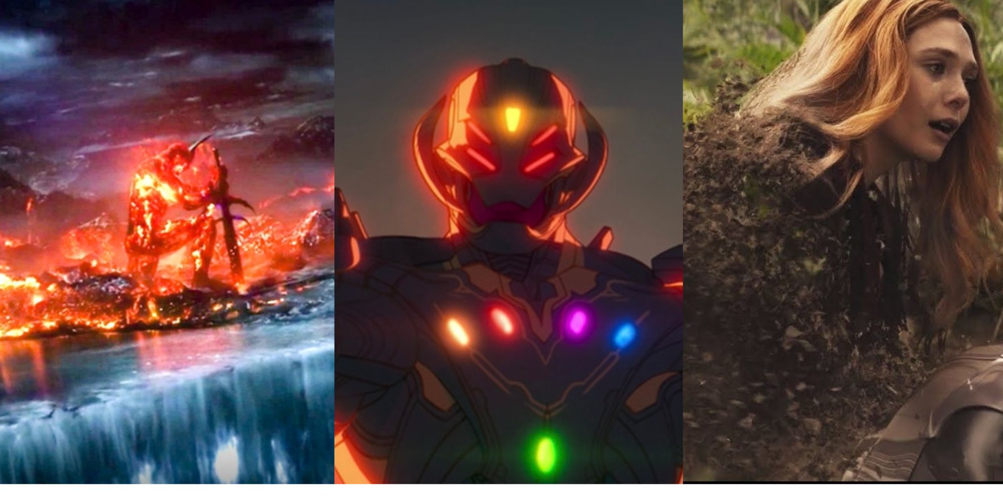 A split image of Surtur destroying Asgard, Infinite Ulton, and blipped Wanda is shown.