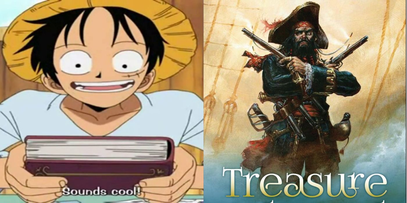Monkey D. Luffy with a book and Long John Silver on the cover of Treasure Island.