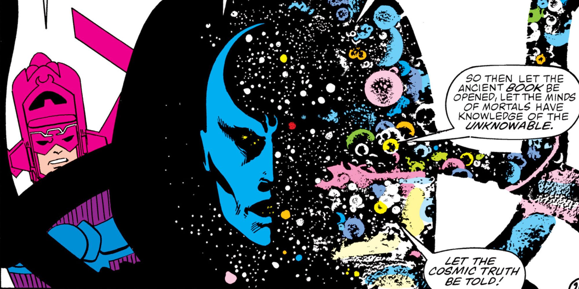 Galactus encounters Eternity in Marvel Comics.
