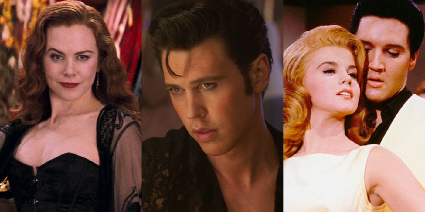 Split image of Satine in Moulin Rouge, Austin Butler in Elvis, and Elvis in Viva Las Vegas