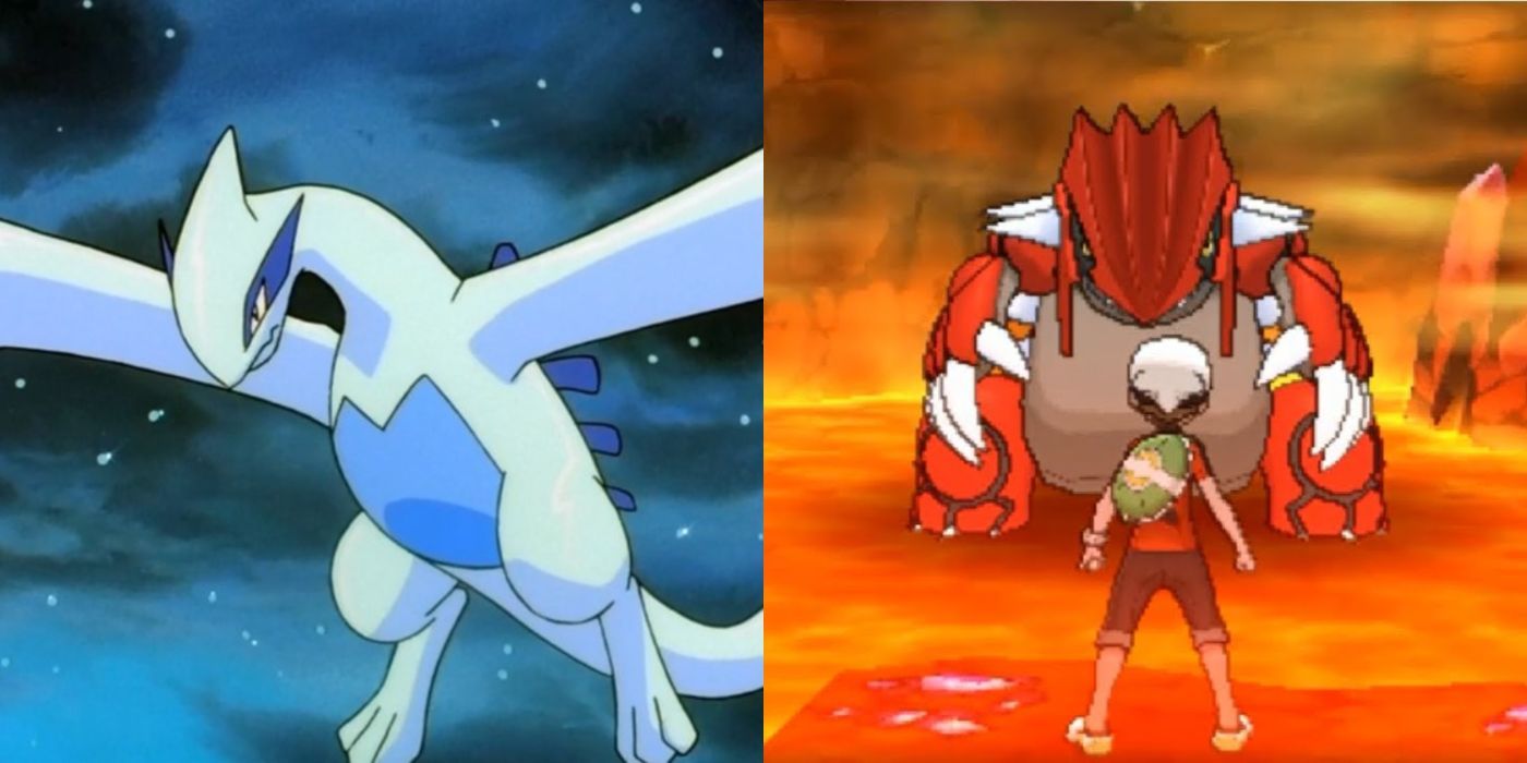 A split image of Lugia and Groudon