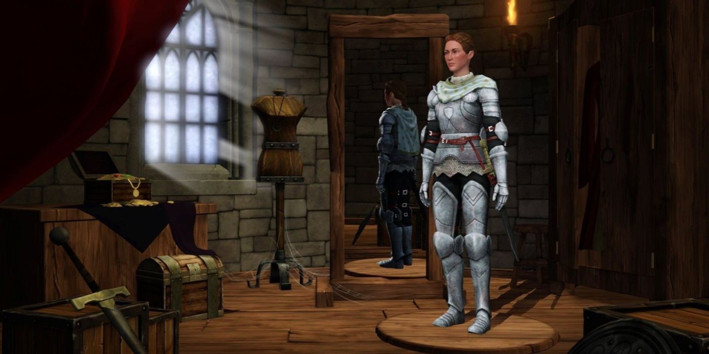 The Sims Medieval woman standing with a full set of armor.
