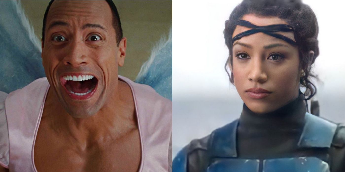 Split image of The Rock as the Tooth Fairy and Sasha Banks in The Mandalorian
