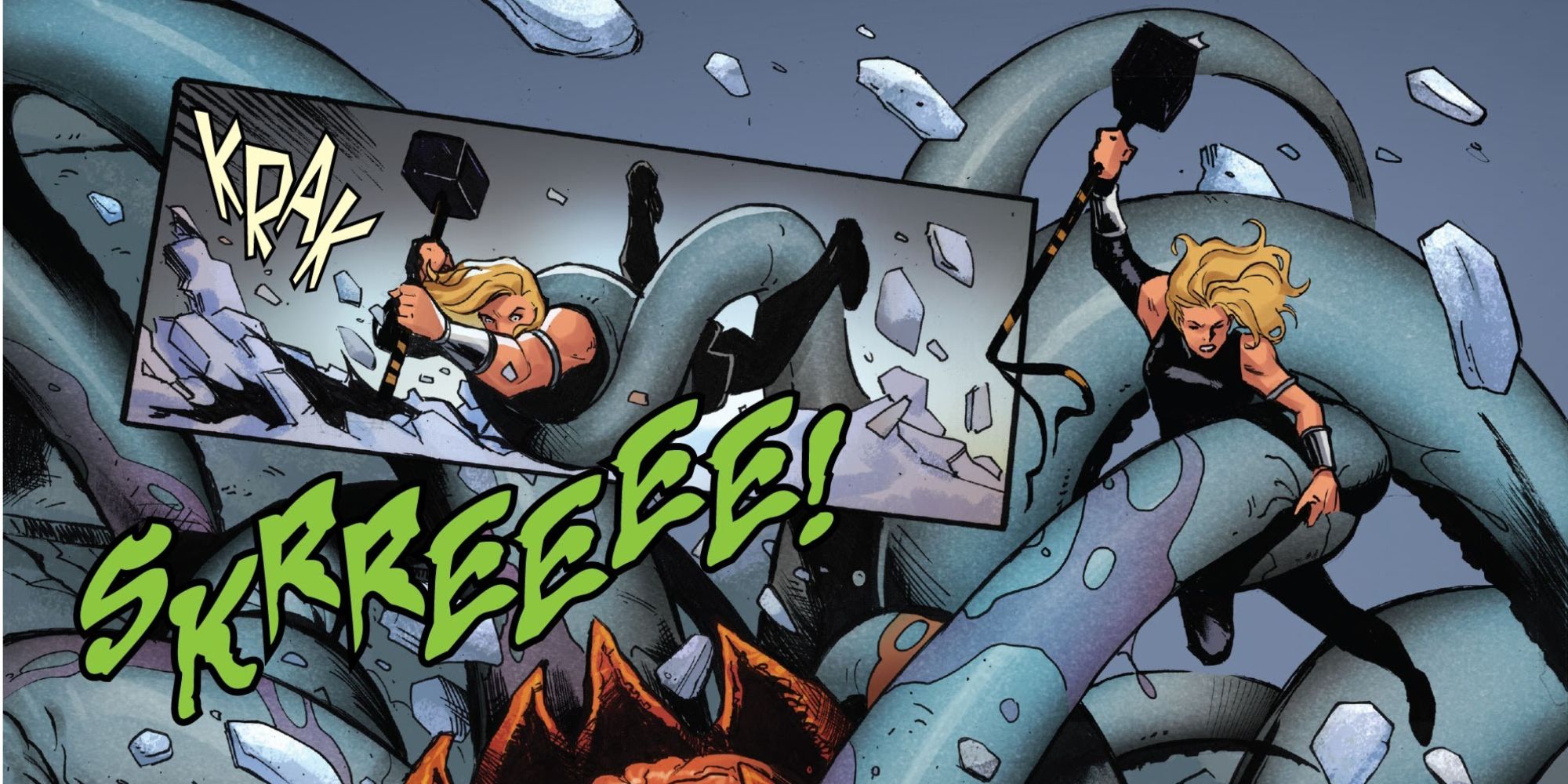 Brigid Thorsdottir fights a tentacle monster in Marvel Comics.