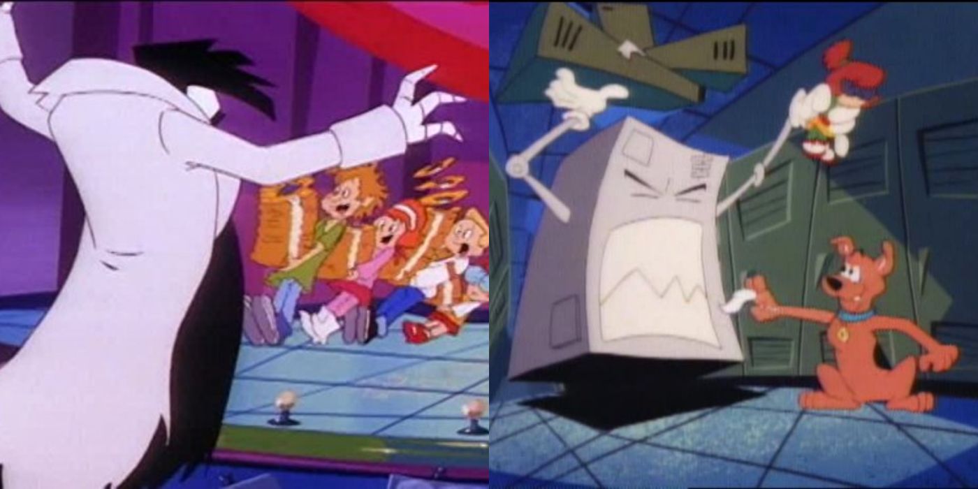 Purvis Parker scaring Scooby and the gang on left, and the computer ghost holding Velma and scaring Scooby on right