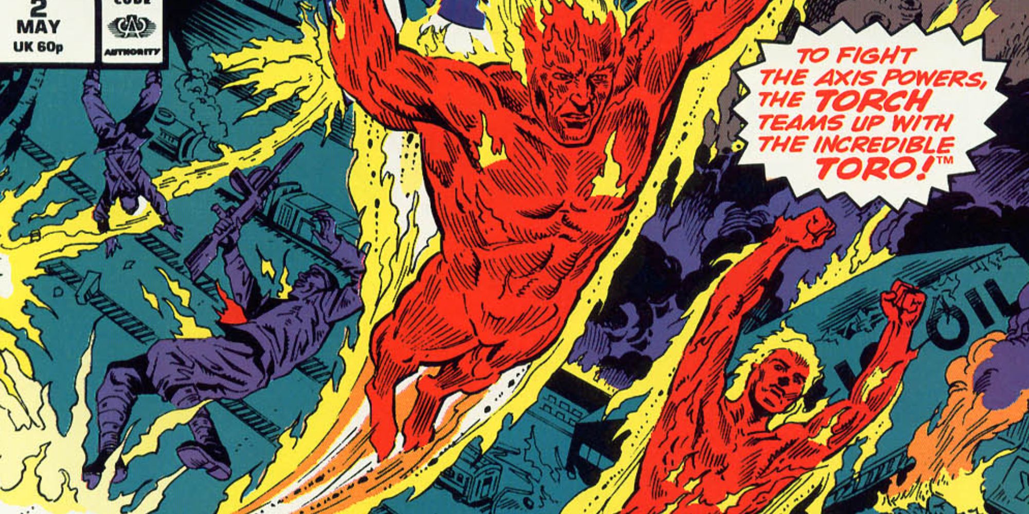 The Human Torch and Toro fly in Marvel Comics.